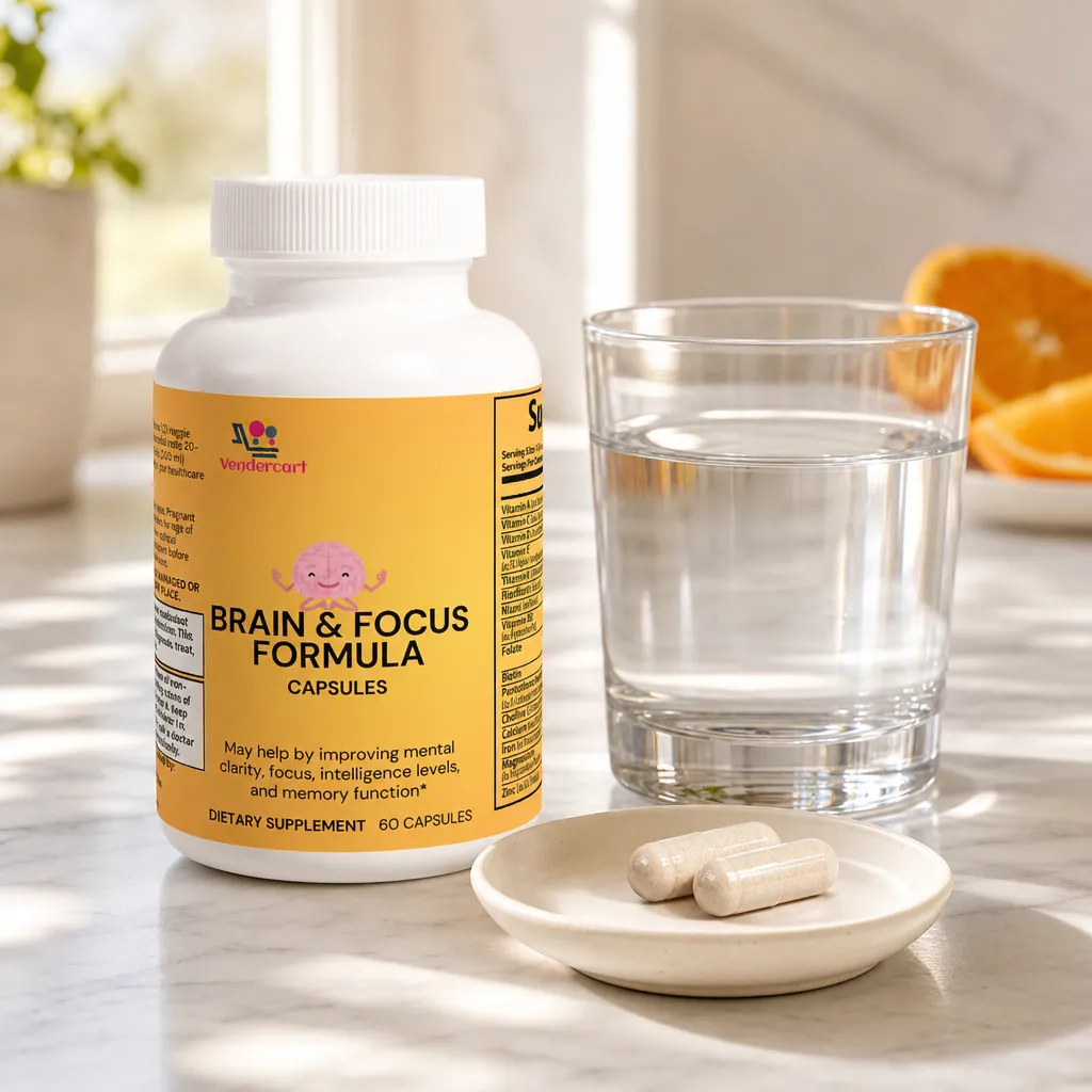Brain & Focus Formula bottle with two capsules and a glass of water