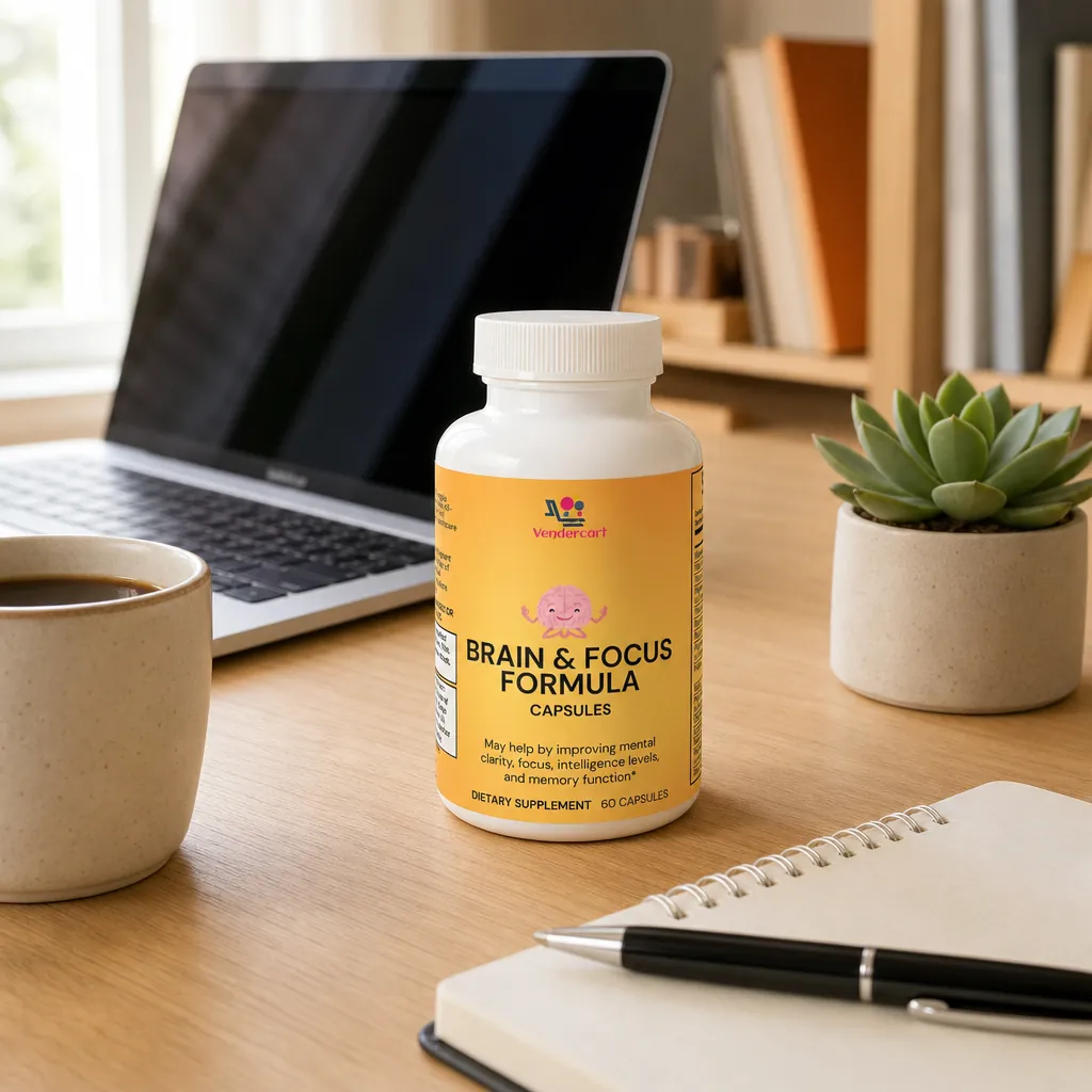Brain & Focus Formula bottle on a desk next to a laptop and coffee in the morning