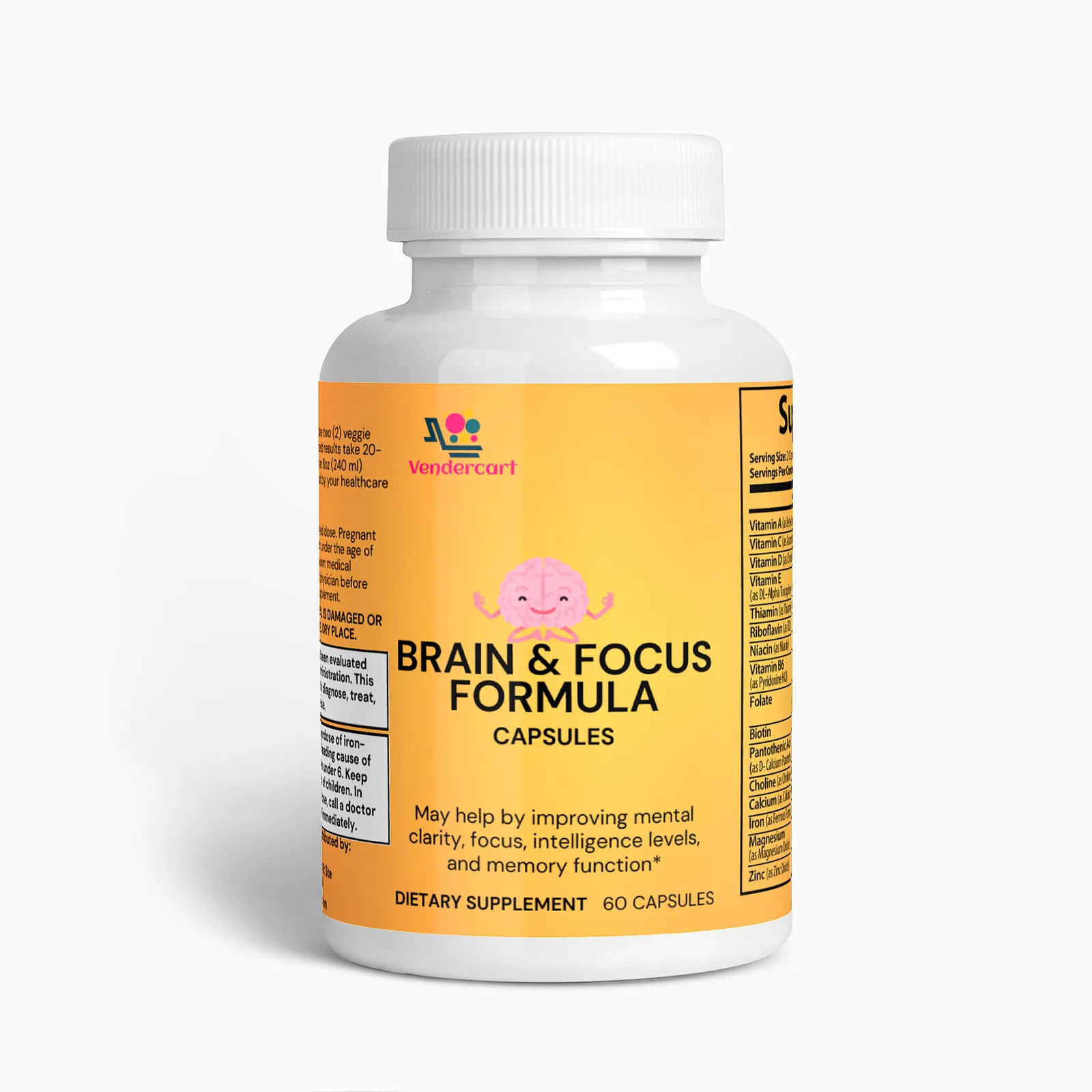 Brain & Focus Formula bottle, 60 capsules, with the orange and yellow label and the smiling brain mascot