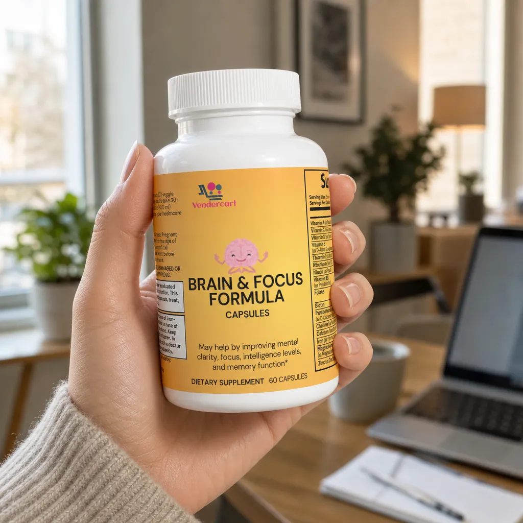 Hand holding a bottle of Brain & Focus Formula