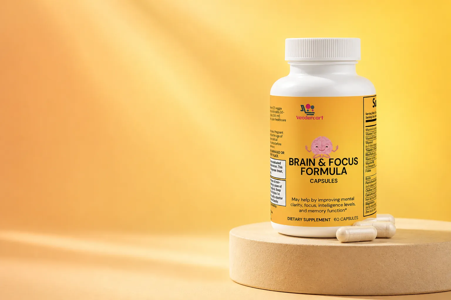 Brain & Focus Formula bottle and capsules in warm golden light