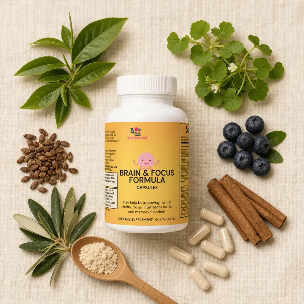Brain & Focus Formula bottle with green tea leaves, bilberries, grape seeds, cassia bark, olive leaves and capsules