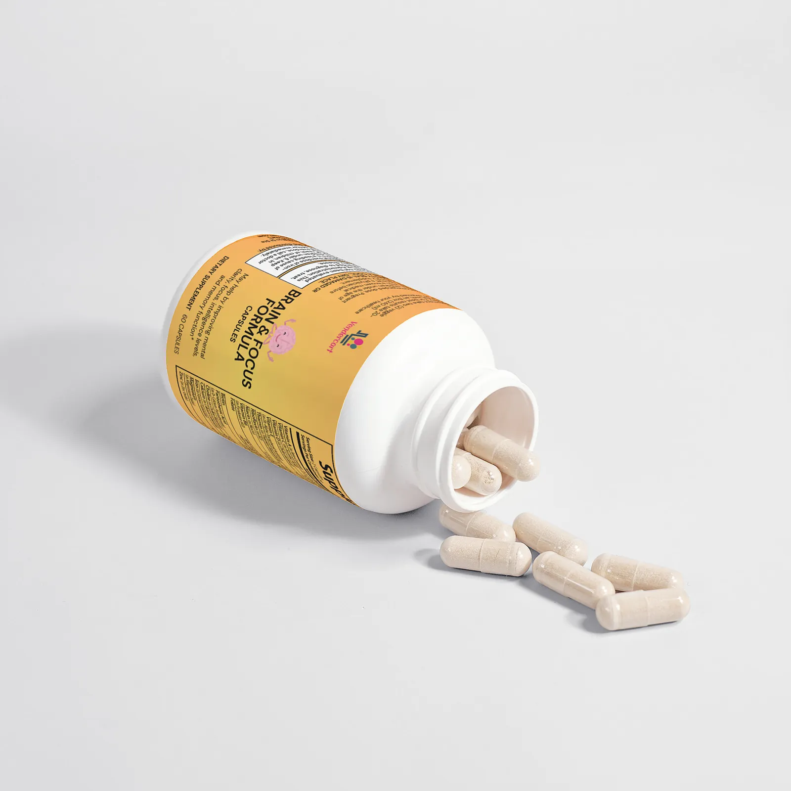 Open Brain & Focus Formula bottle with veggie capsules spilling out