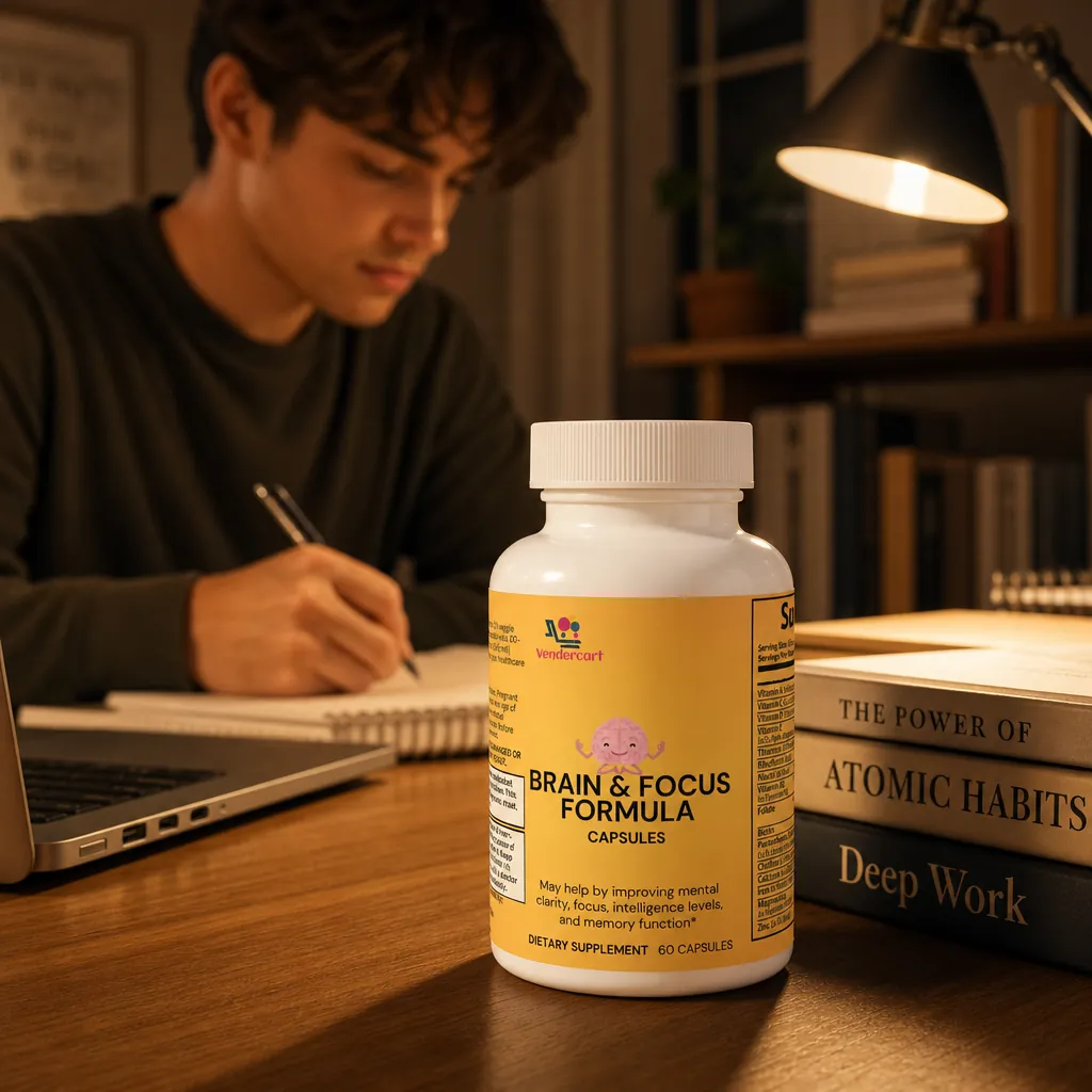 Student studying at night with a bottle of Brain & Focus Formula on the desk