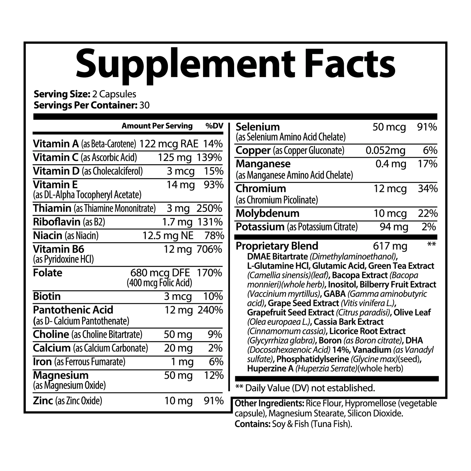 Supplement Facts panel for Brain & Focus Formula
