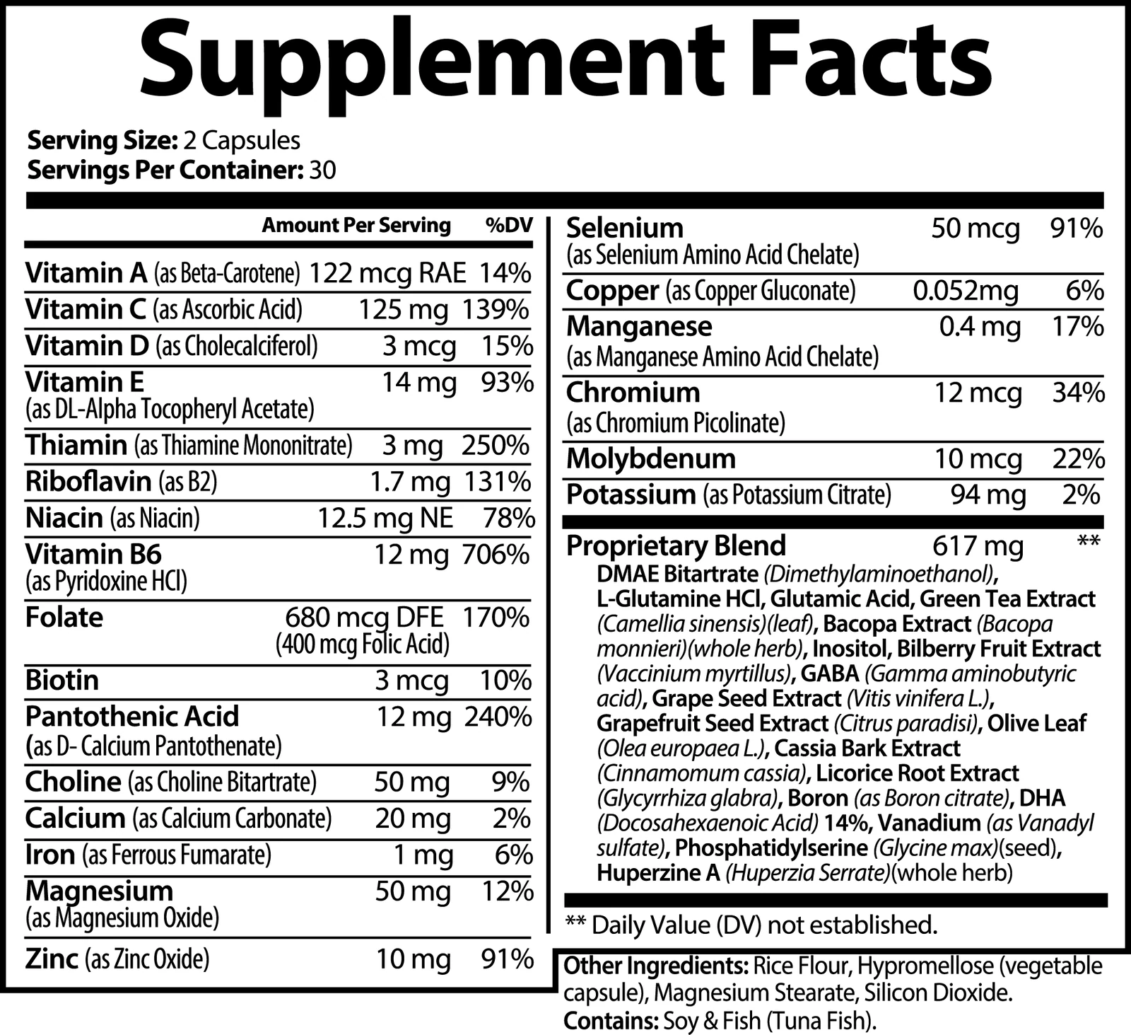 Supplement Facts panel for Brain & Focus Formula: serving size 2 capsules, 30 servings per container, vitamins, minerals and a 617 mg proprietary blend
